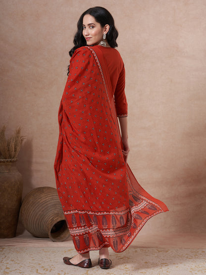 Ethnic Floral Printed & Embroidered Straight Kurta with Pant & Dupatta - Rust