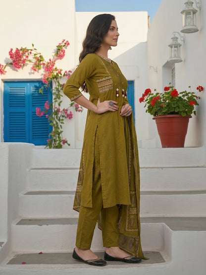 Ethnic Floral Printed & Embroidered Straight Kurta with Pant & Dupatta - Green