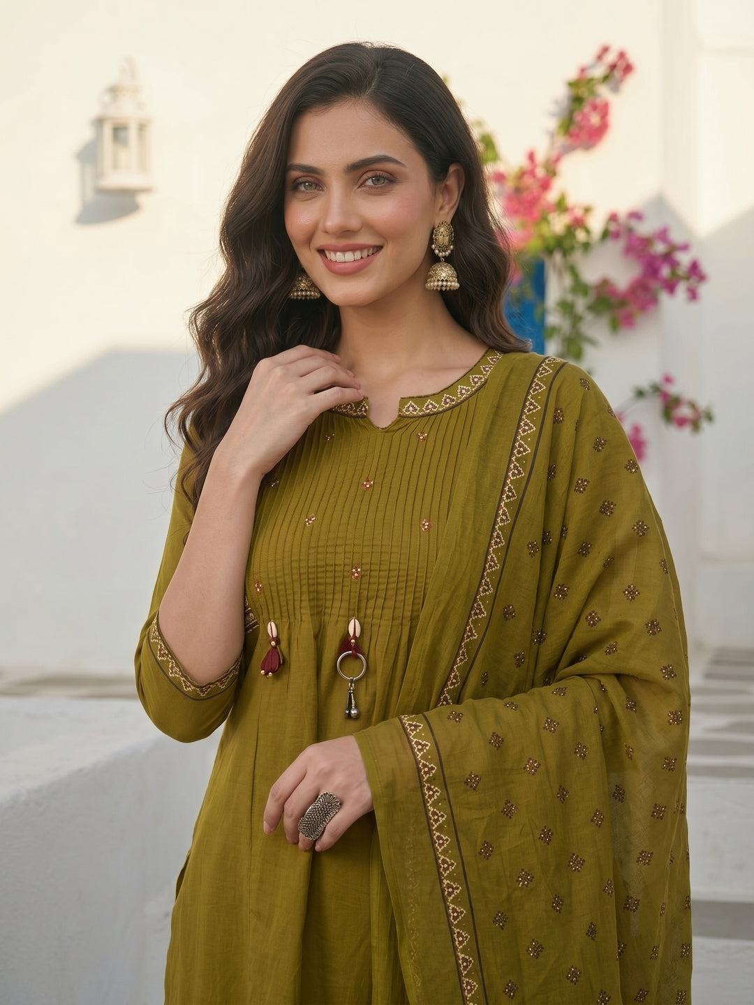 Ethnic Floral Printed & Embroidered Straight Kurta with Pant & Dupatta - Green