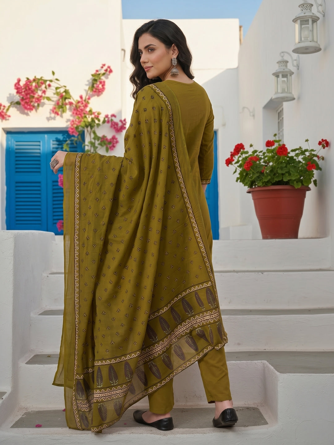 Ethnic Floral Printed & Embroidered Straight Kurta with Pant & Dupatta - Green