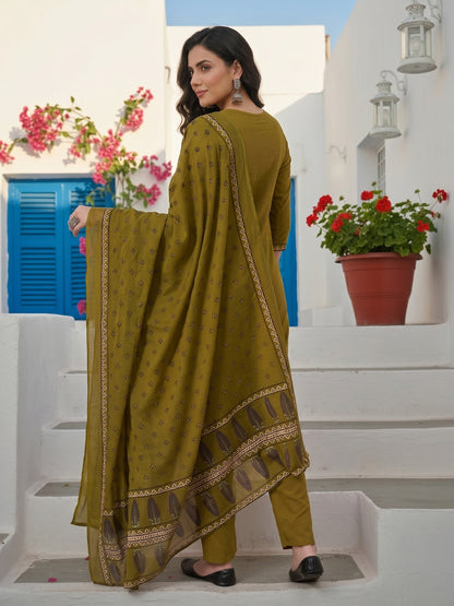 Ethnic Floral Printed & Embroidered Straight Kurta with Pant & Dupatta - Green