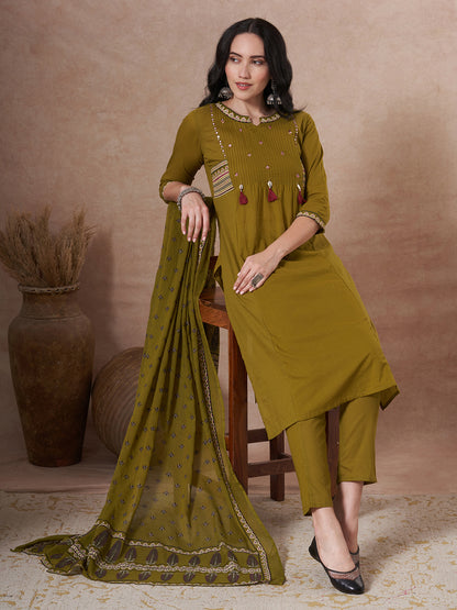Ethnic Floral Printed & Embroidered Straight Kurta with Pant & Dupatta - Green