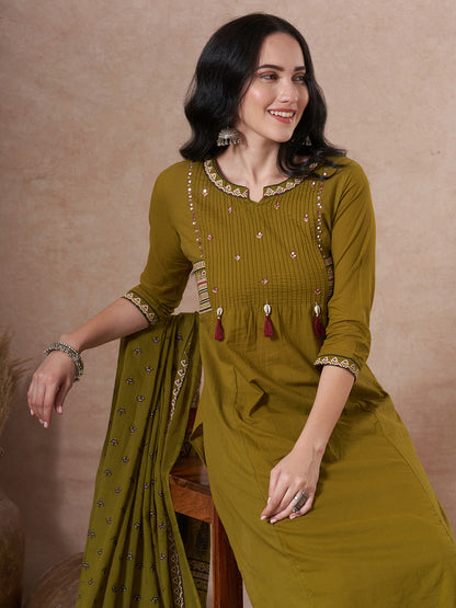 Ethnic Floral Printed & Embroidered Straight Kurta with Pant & Dupatta - Green