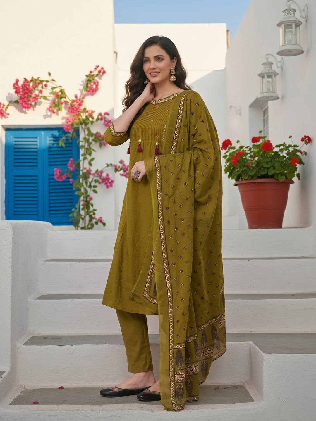 Ethnic Floral Printed & Embroidered Straight Kurta with Pant & Dupatta - Green
