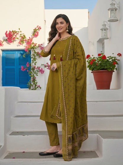 Ethnic Floral Printed & Embroidered Straight Kurta with Pant & Dupatta - Green