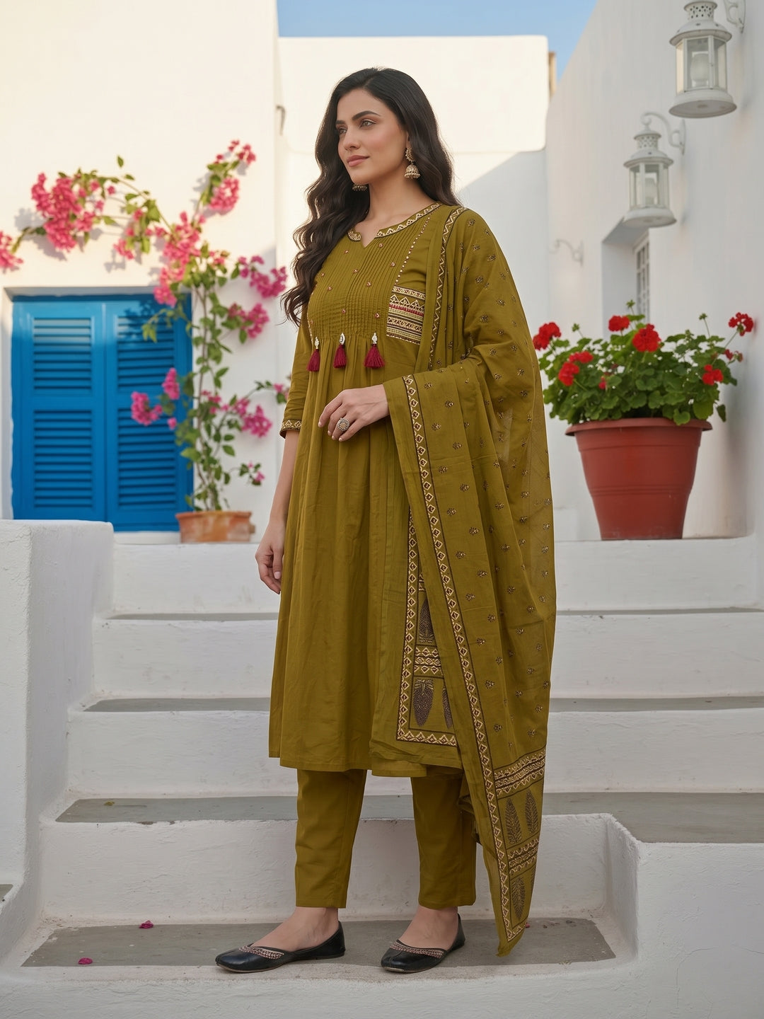 Ethnic Floral Printed & Embroidered Straight Kurta with Pant & Dupatta - Green