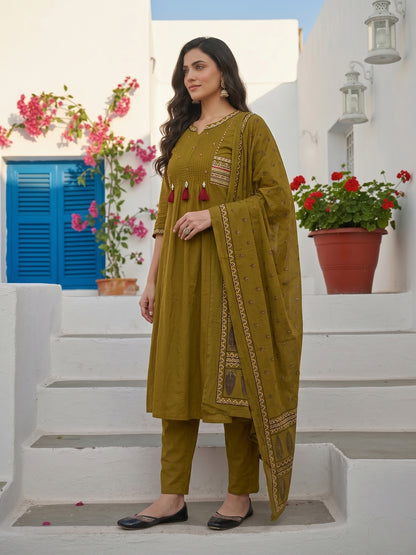 Ethnic Floral Printed & Embroidered Straight Kurta with Pant & Dupatta - Green