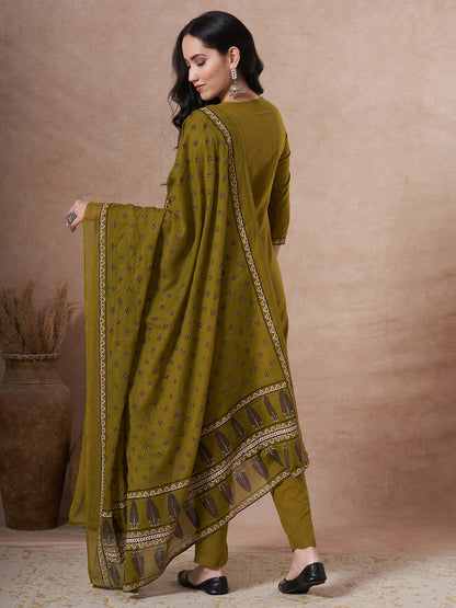 Ethnic Floral Printed & Embroidered Straight Kurta with Pant & Dupatta - Green