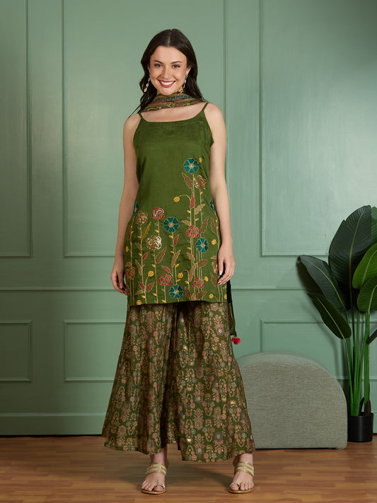 Festive Solid Floral Embroidered Straight Fit Kurti with Sharara and Dupatta - Green