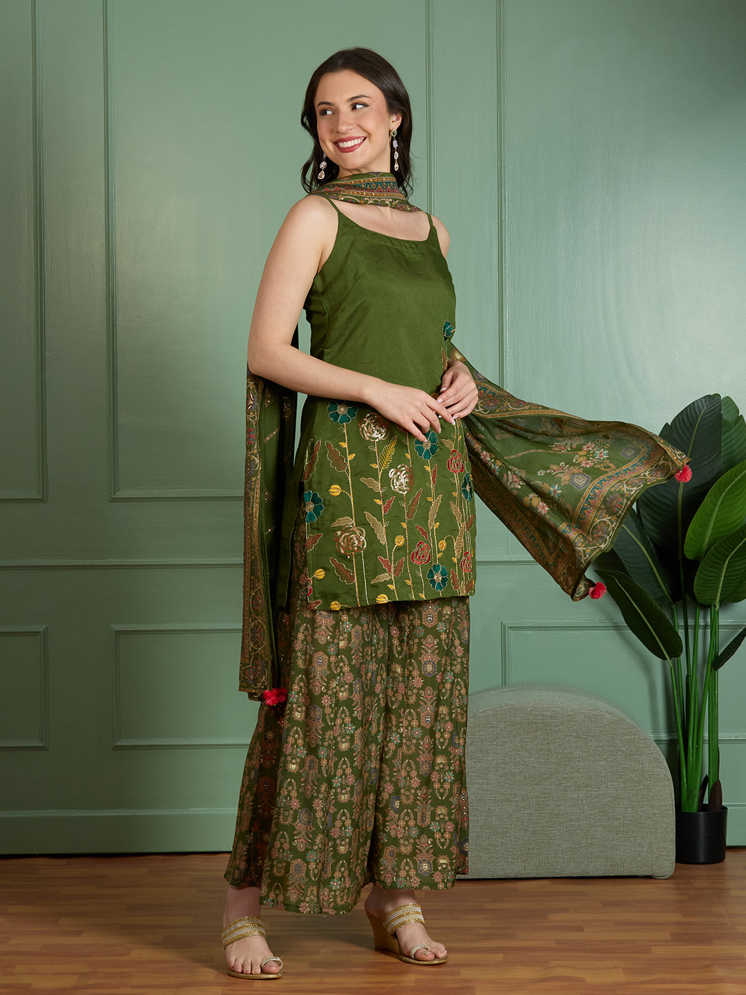 Festive Solid Floral Embroidered Straight Fit Kurti with Sharara and Dupatta - Green