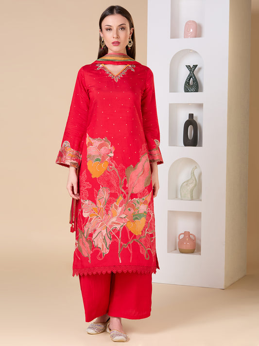 Abstract Floral Printed Embroidered Straight Fit Kurta with Palazzo and Dupatta - Red