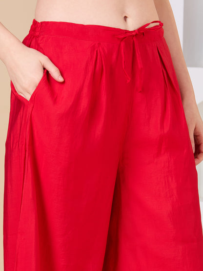 Abstract Floral Printed Embroidered Straight Fit Kurta with Palazzo and Dupatta - Red