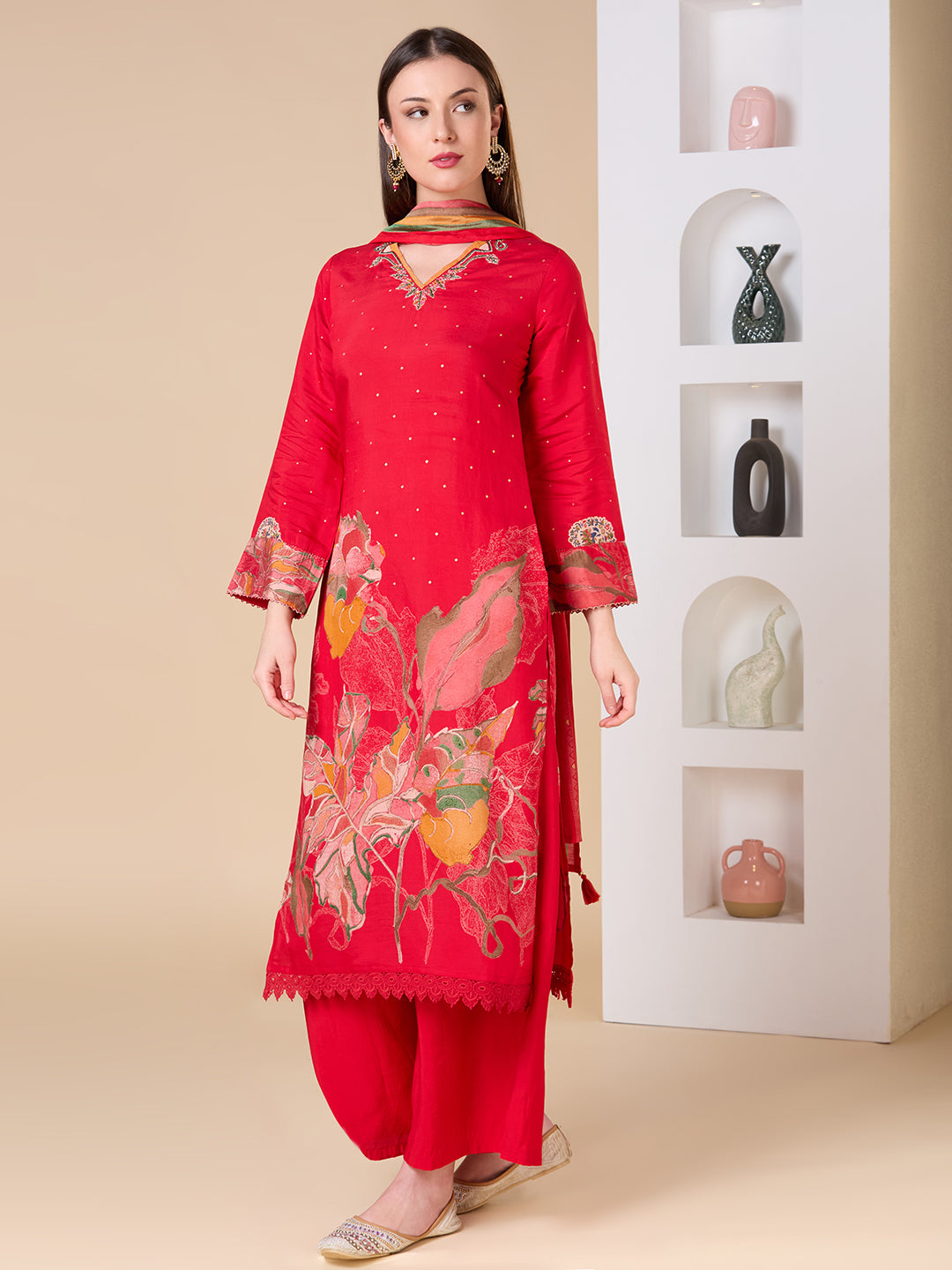 Abstract Floral Printed Embroidered Straight Fit Kurta with Palazzo and Dupatta - Red