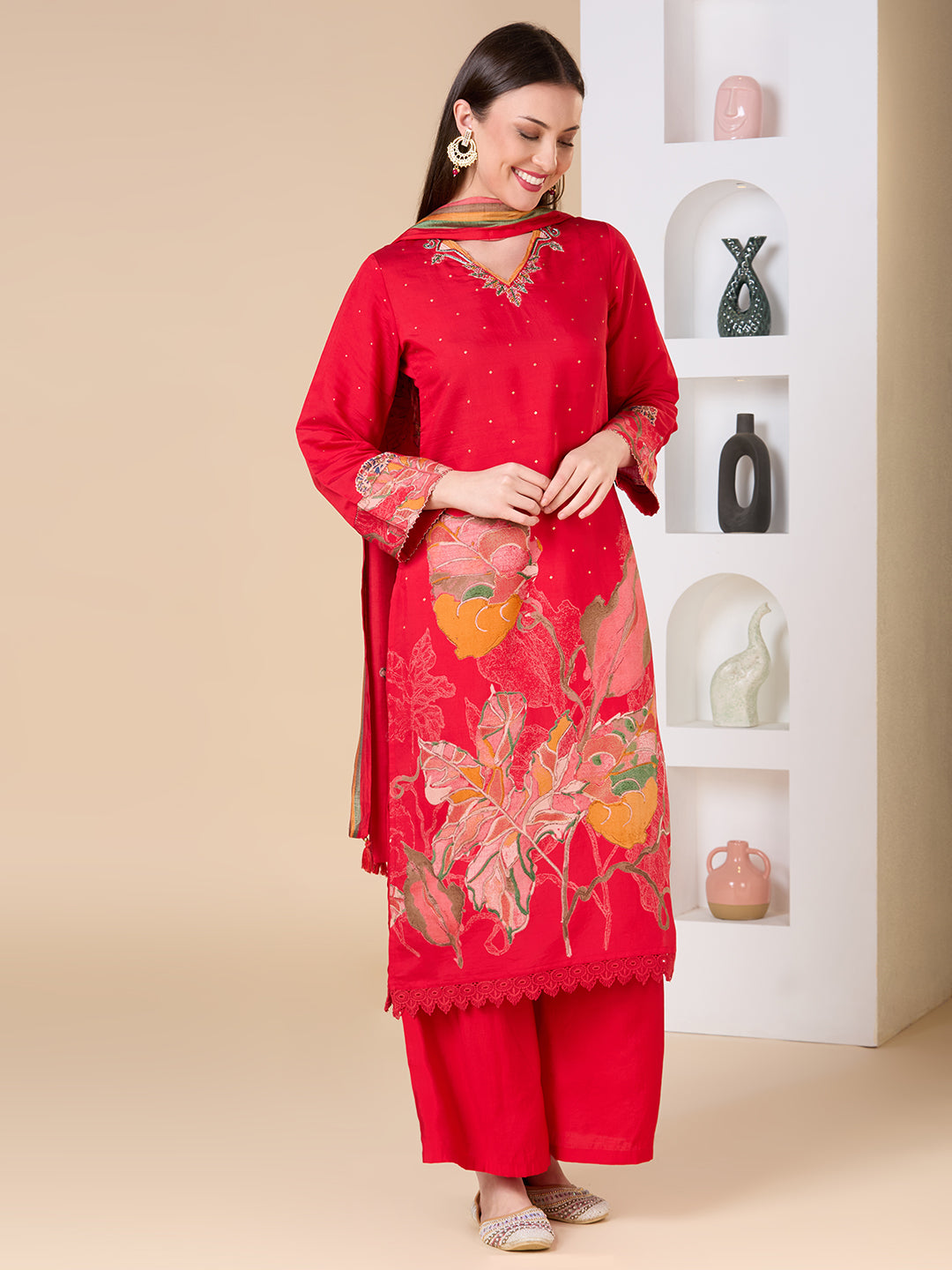 Abstract Floral Printed Embroidered Straight Fit Kurta with Palazzo and Dupatta - Red