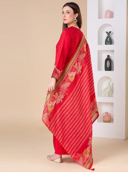 Abstract Floral Printed Embroidered Straight Fit Kurta with Palazzo and Dupatta - Red