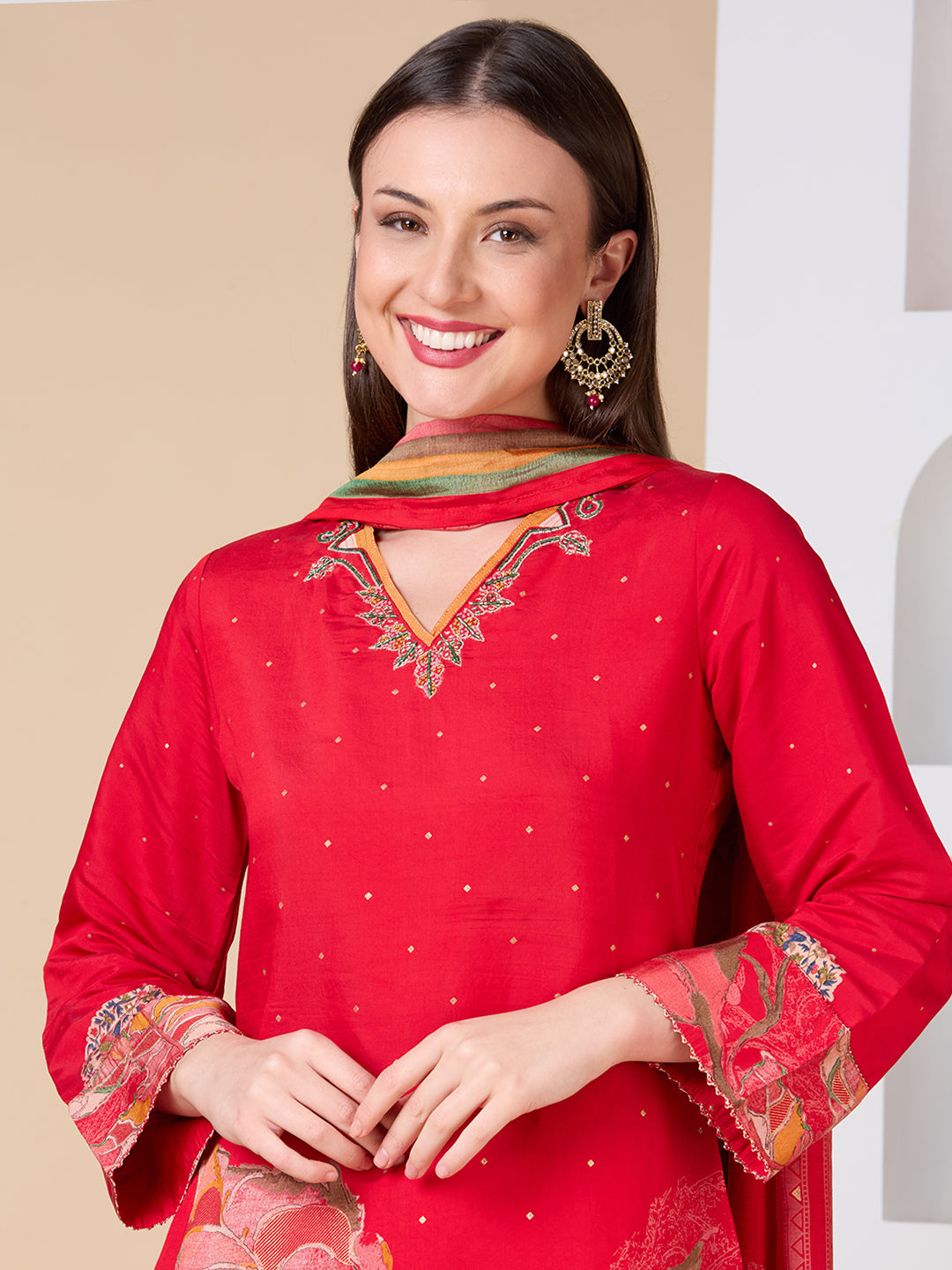 Abstract Floral Printed Embroidered Straight Fit Kurta with Palazzo and Dupatta - Red