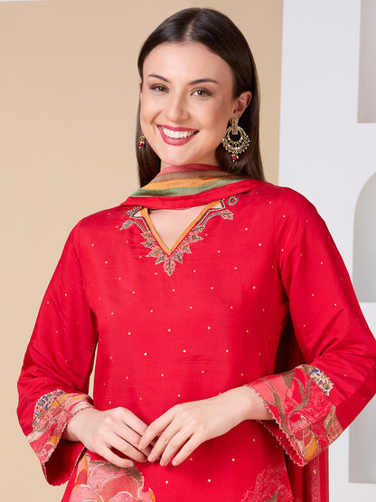 Abstract Floral Printed Embroidered Straight Fit Kurta with Palazzo and Dupatta - Red