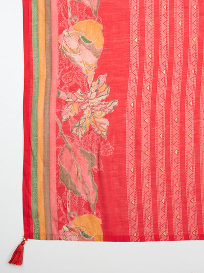 Abstract Floral Printed Embroidered Straight Fit Kurta with Palazzo and Dupatta - Red