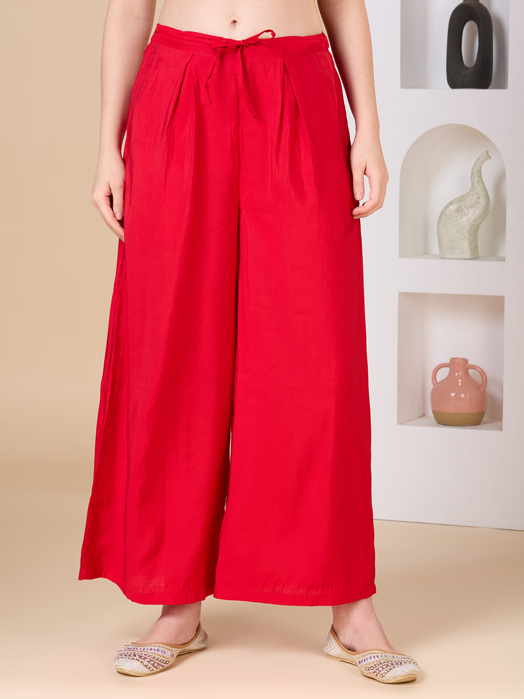 Abstract Floral Printed Embroidered Straight Fit Kurta with Palazzo and Dupatta - Red