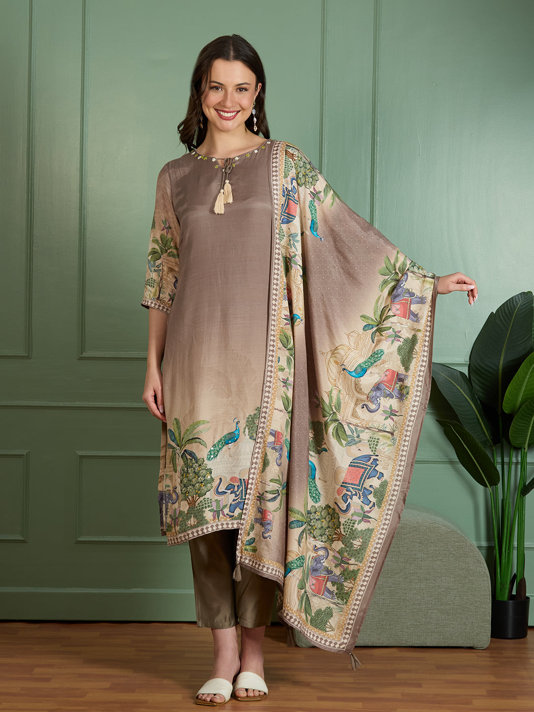 Festive Peacock Floral Printed Straight Fit Kurta with Pant and Dupatta - Taupe