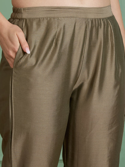 Festive Peacock Floral Printed Straight Fit Kurta with Pant and Dupatta - Taupe