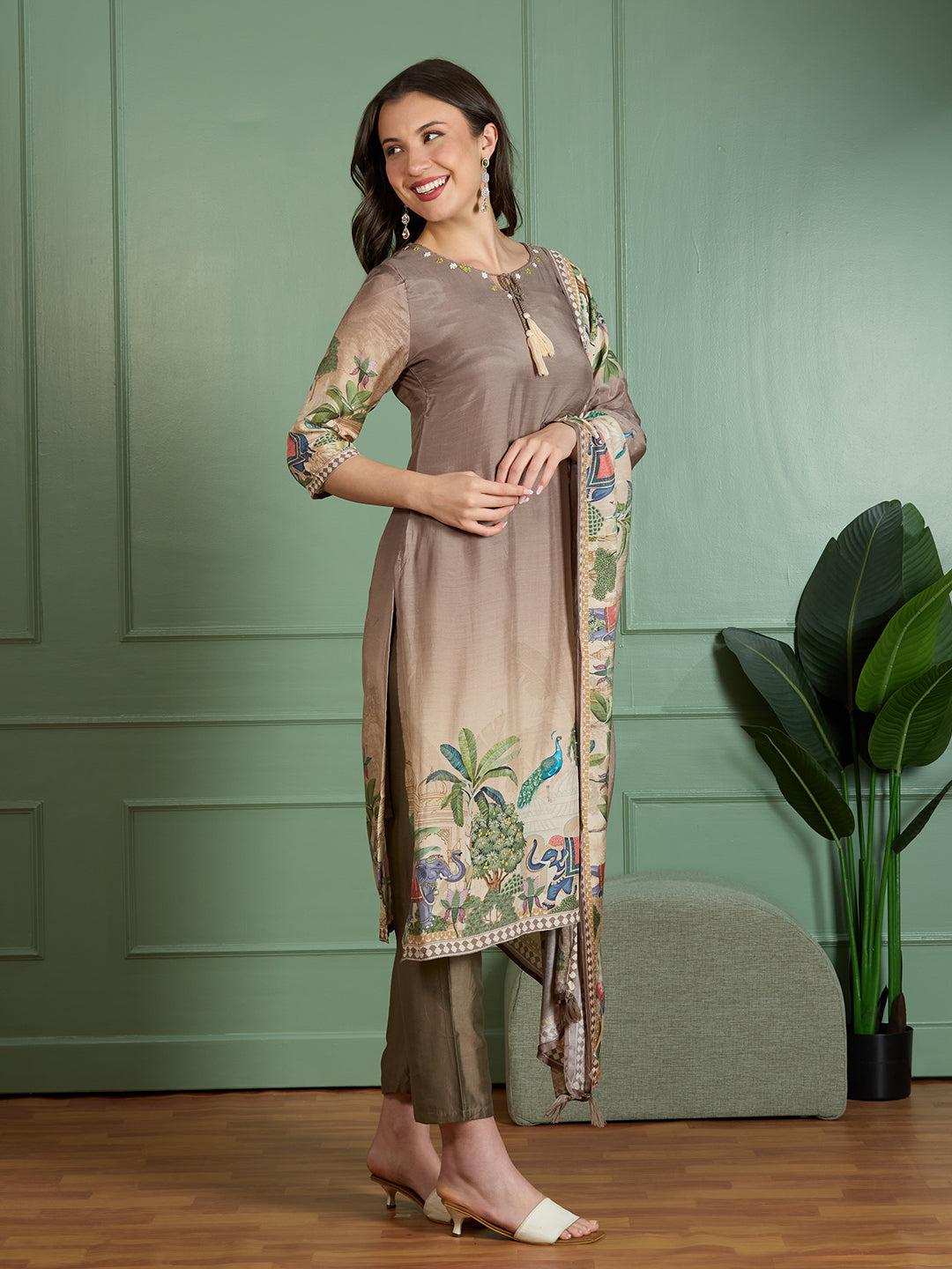 Festive Peacock Floral Printed Straight Fit Kurta with Pant and Dupatta - Taupe