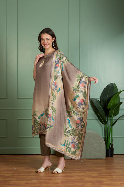Festive Peacock Floral Printed Straight Fit Kurta with Pant and Dupatta - Taupe