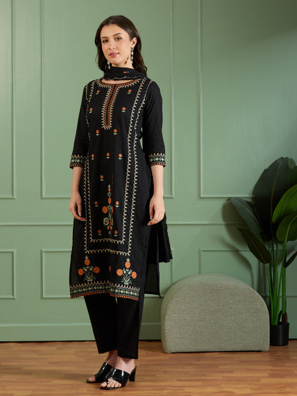 Solid Floral Threadwork Embroidered Straight Kurta with Pant and Dupatta - Black