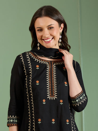 Solid Floral Threadwork Embroidered Straight Kurta with Pant and Dupatta - Black