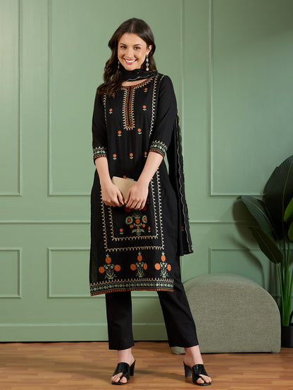 Solid Floral Threadwork Embroidered Straight Kurta with Pant and Dupatta - Black