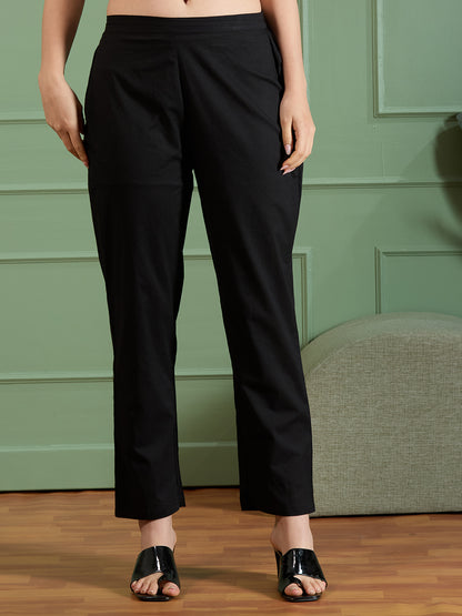 Solid Floral Threadwork Embroidered Straight Kurta with Pant and Dupatta - Black