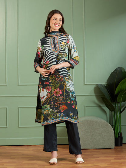 Abstract Floral Printed Embroidered Straight Fit Kurta with Pant and Dupatta - Black