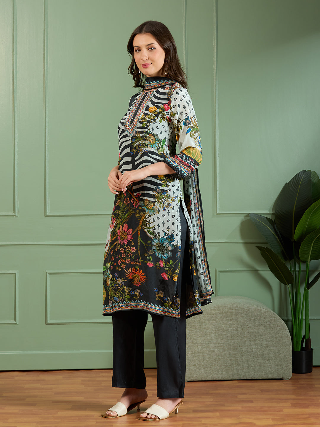 Abstract Floral Printed Embroidered Straight Fit Kurta with Pant and Dupatta - Black