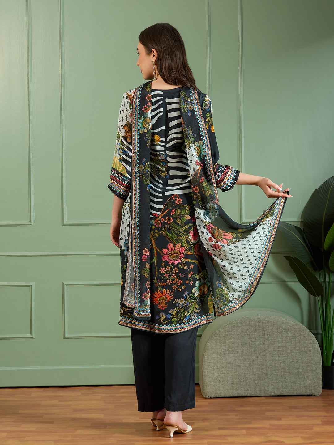 Abstract Floral Printed Embroidered Straight Fit Kurta with Pant and Dupatta - Black
