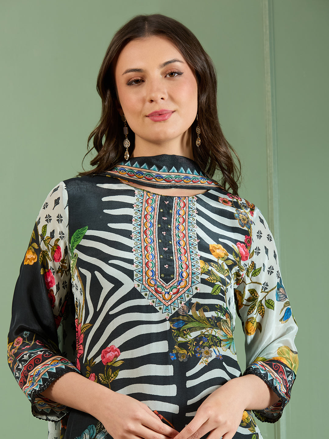 Abstract Floral Printed Embroidered Straight Fit Kurta with Pant and Dupatta - Black