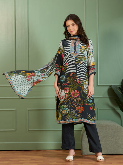Abstract Floral Printed Embroidered Straight Fit Kurta with Pant and Dupatta - Black