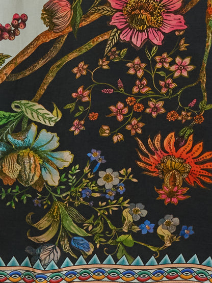 Abstract Floral Printed Embroidered Straight Fit Kurta with Pant and Dupatta - Black