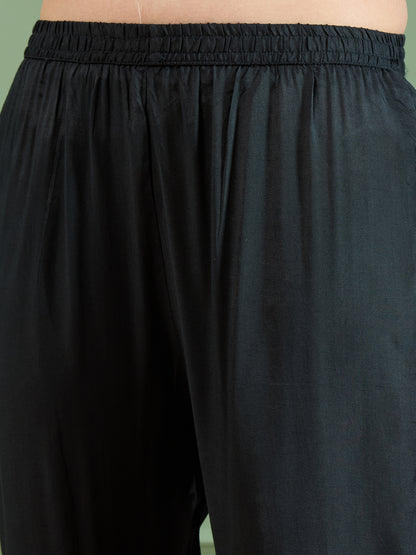 Abstract Floral Printed Embroidered Straight Fit Kurta with Pant and Dupatta - Black