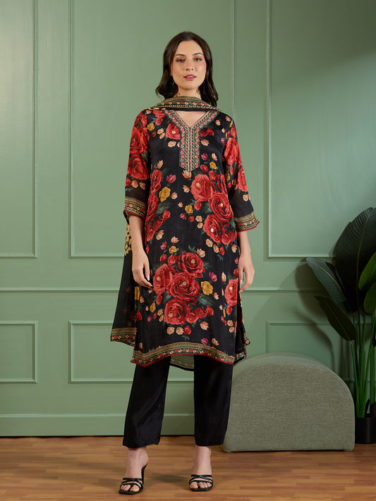 Festive Abstract Floral Printed Embroidered Straight Fit Kurta with Pant and Dupatta - Black