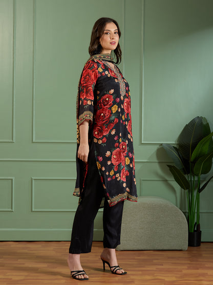 Festive Abstract Floral Printed Embroidered Straight Fit Kurta with Pant and Dupatta - Black