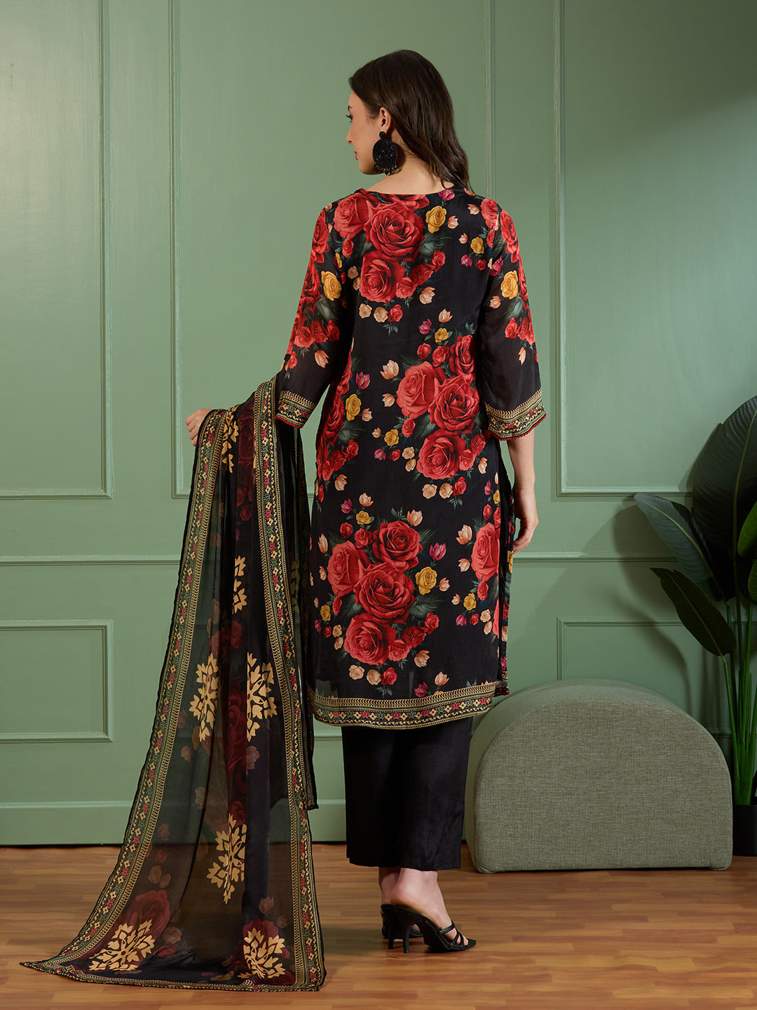 Festive Abstract Floral Printed Embroidered Straight Fit Kurta with Pant and Dupatta - Black