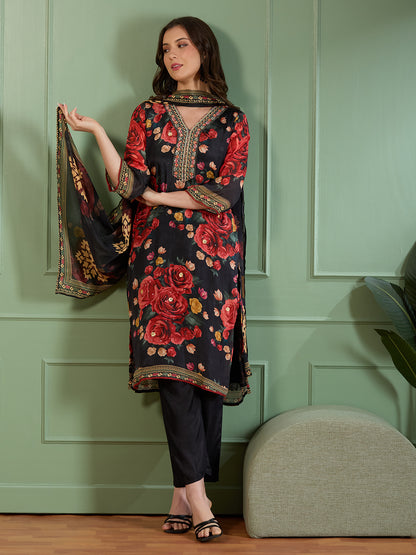 Festive Abstract Floral Printed Embroidered Straight Fit Kurta with Pant and Dupatta - Black