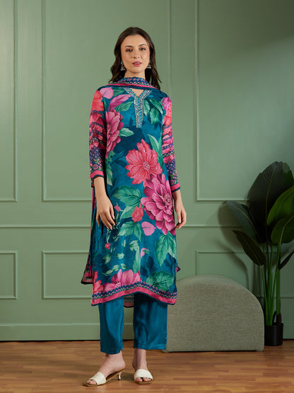 Abstract Floral Printed Embroidered Straight Fit Kurta with Pant and Dupatta - Teal Blue