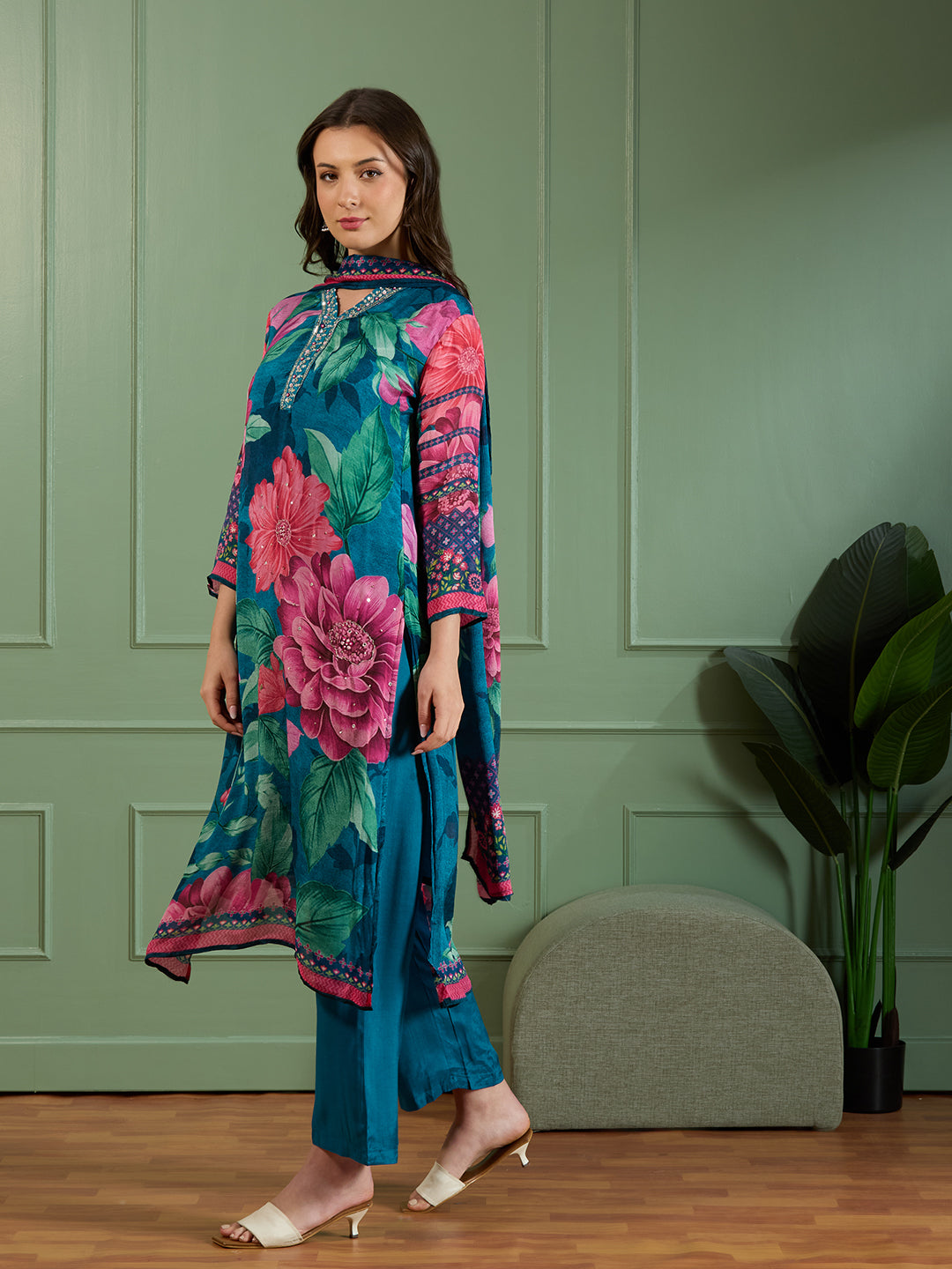 Abstract Floral Printed Embroidered Straight Fit Kurta with Pant and Dupatta - Teal Blue