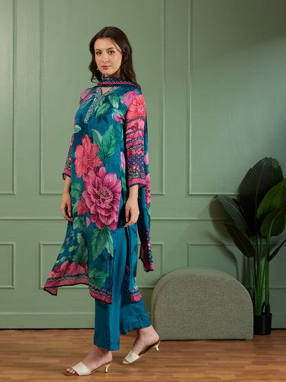 Abstract Floral Printed Embroidered Straight Fit Kurta with Pant and Dupatta - Teal Blue