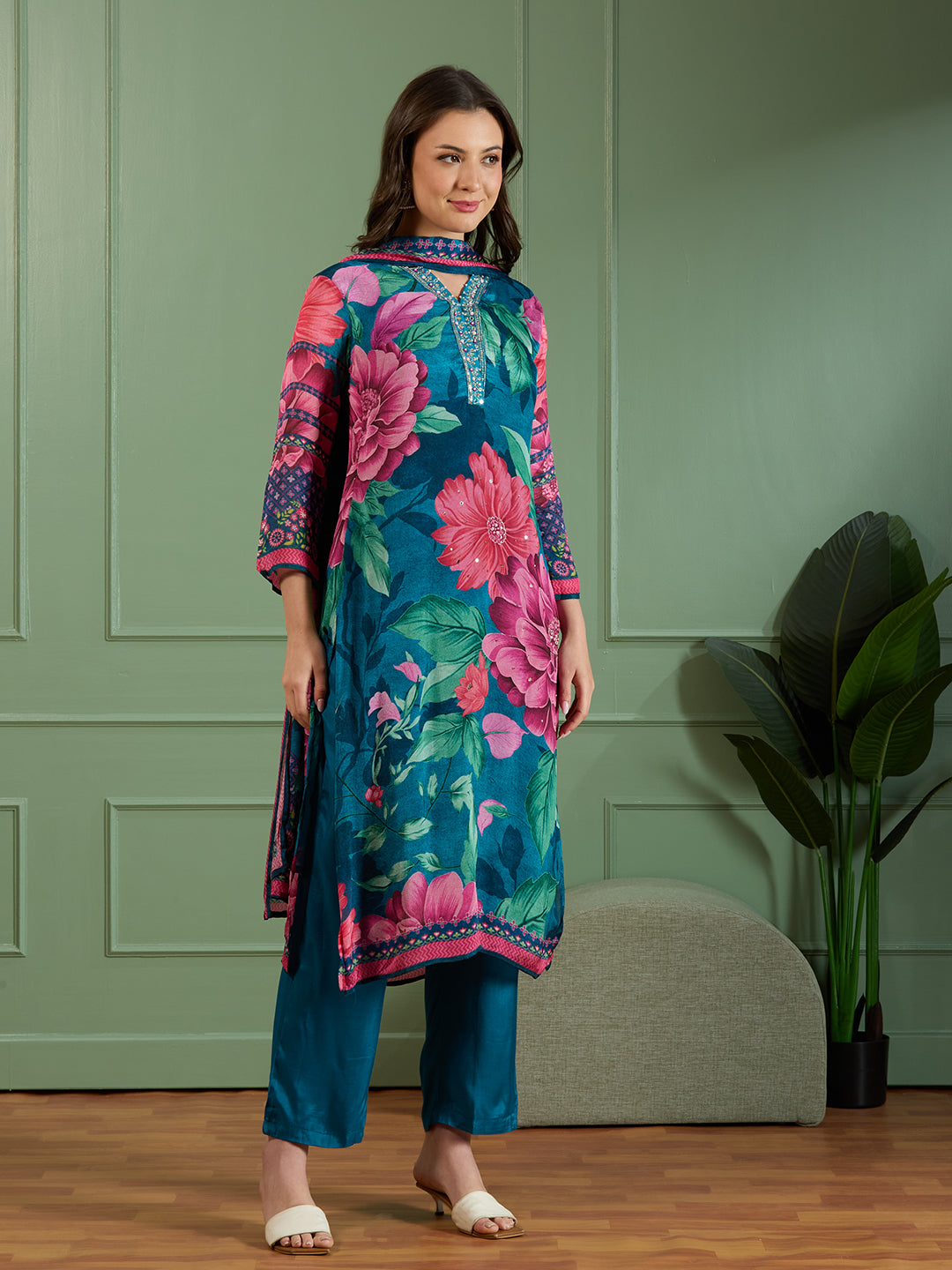 Abstract Floral Printed Embroidered Straight Fit Kurta with Pant and Dupatta - Teal Blue