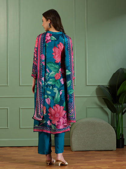 Abstract Floral Printed Embroidered Straight Fit Kurta with Pant and Dupatta - Teal Blue