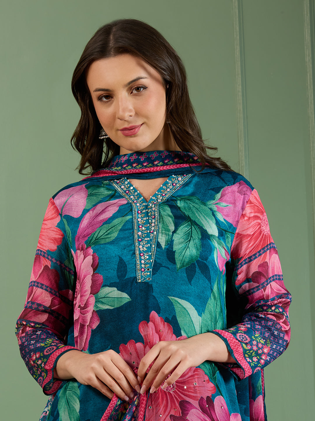 Abstract Floral Printed Embroidered Straight Fit Kurta with Pant and Dupatta - Teal Blue