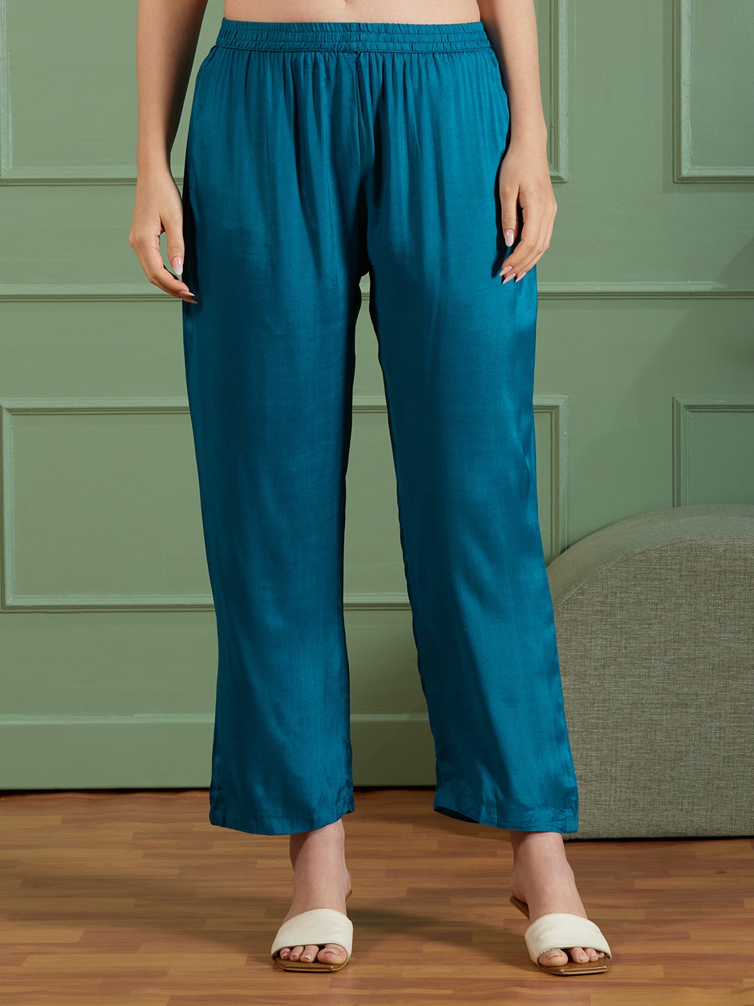 Abstract Floral Printed Embroidered Straight Fit Kurta with Pant and Dupatta - Teal Blue