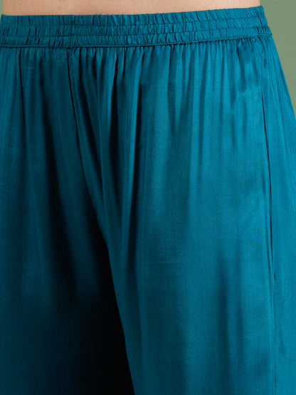 Abstract Floral Printed Embroidered Straight Fit Kurta with Pant and Dupatta - Teal Blue